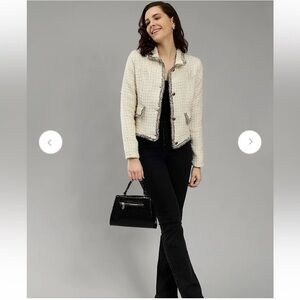 Women's Fig XL Beige Black Tweed Blazer Jacket